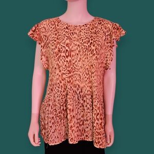 SPENSE Leopard Print Butterfly Sleeve Chiffon Pleated Peplum Top